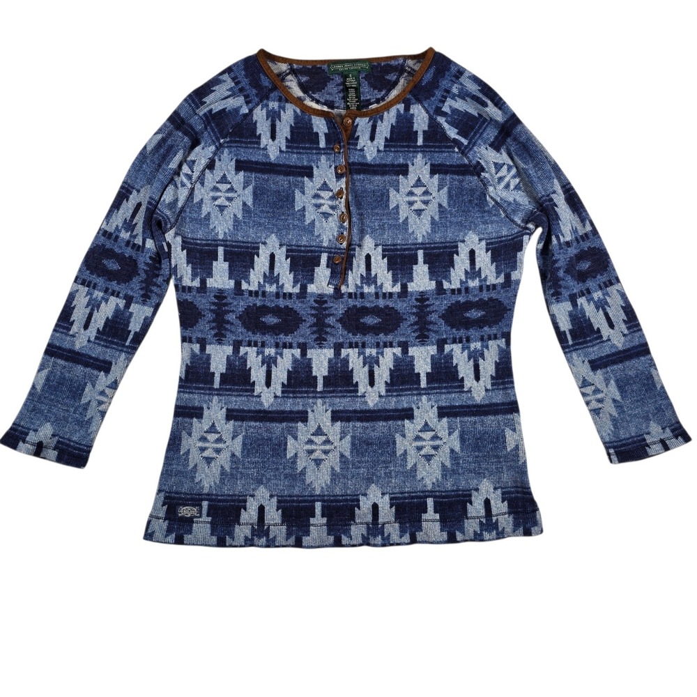 Lauren Ralph Lauren Blue Aztec Print Native American Thermal Henley Top Womens S